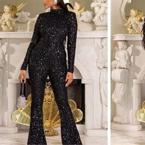 Embellished High Neck Shoulder Pad Jumpsuit